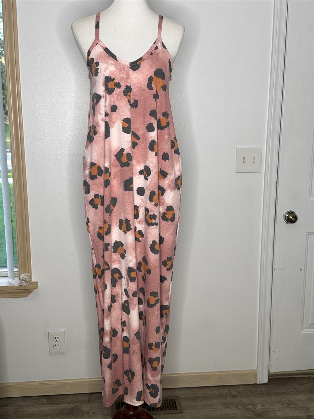 Zenana Outfitters Pink Leopard Print Slip Maxi Dress With 2 Pockets